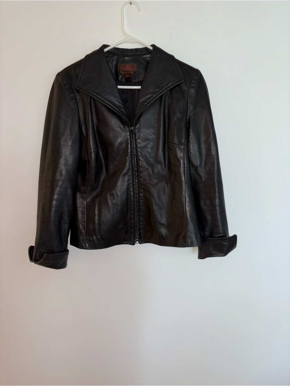 Danier Black Leather Zip-Front Jacket with Folded Collar